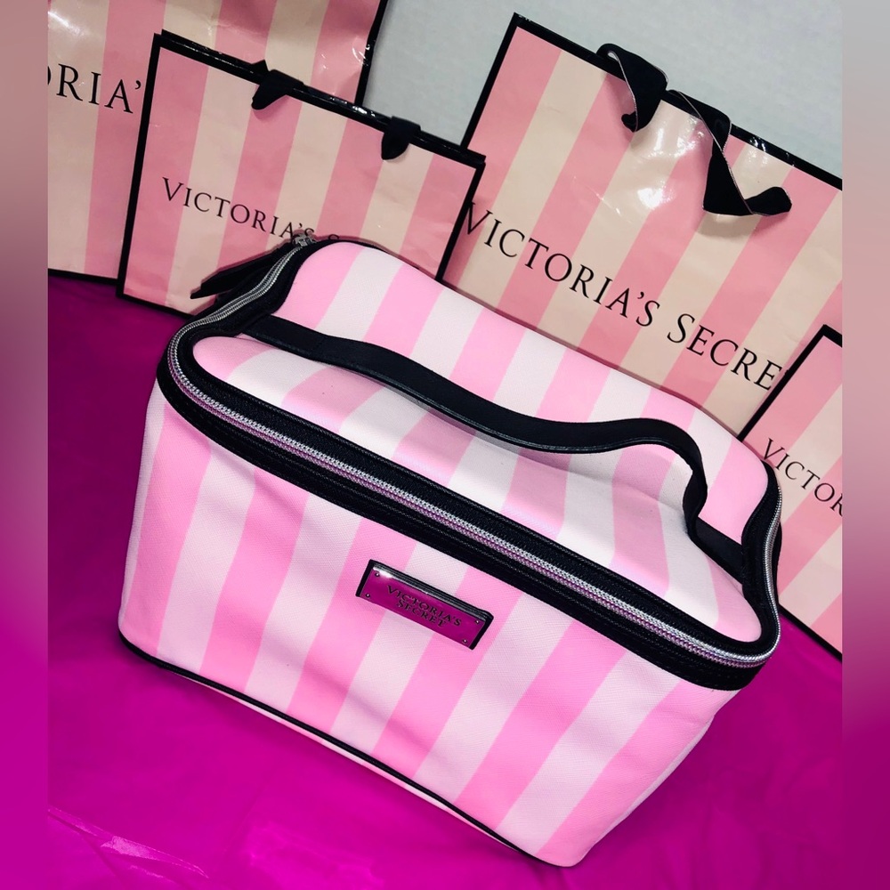 Victoria's Secret Pink Striped Cosmetic Travel Bag Make Up Beauty Brushes